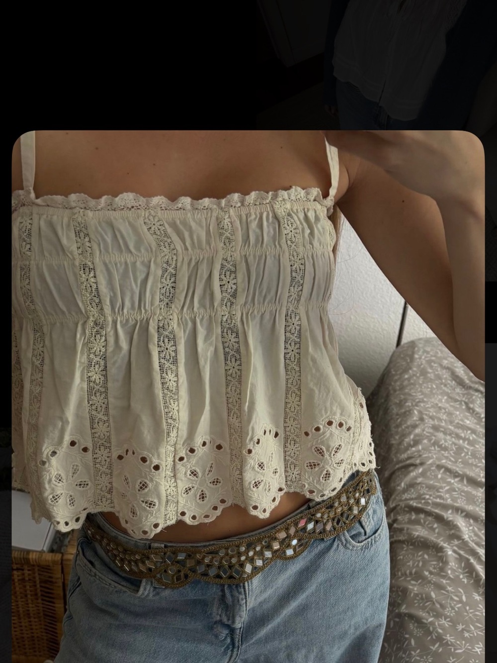 Free People Ivory Eyelet Lace Cropped Tank Top